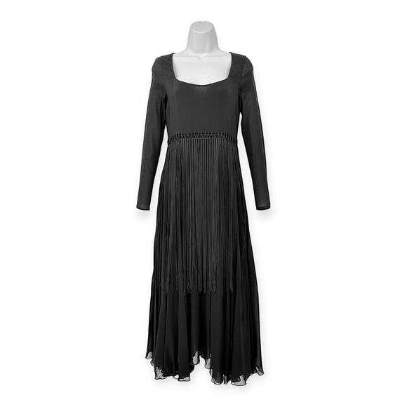 MONDISmallVINTAGE 80's GALA Fringe Layer Boat Neck Sheer Long Sleeve Dress